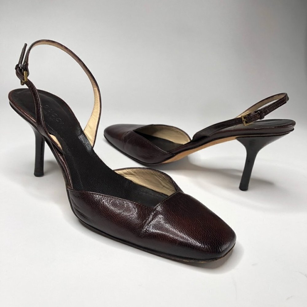 VINTAGE Gucci Leather Chocolate Brown Square Toe Slingback Designer Luxe Heels